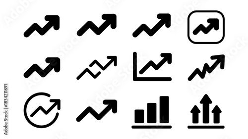 Collection of black upward trend and growth chart icons on white background