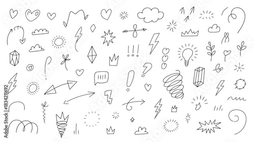 Collection of hand drawn doodle icons and symbols on white background