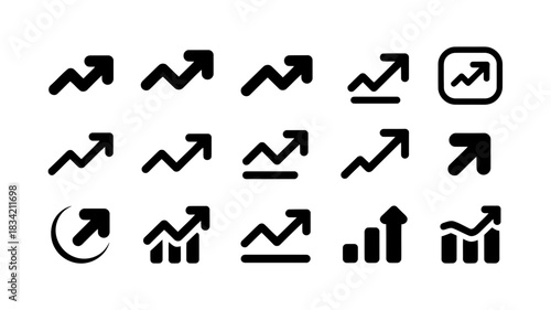 Collection of black upward trending graph icons and arrows on white background