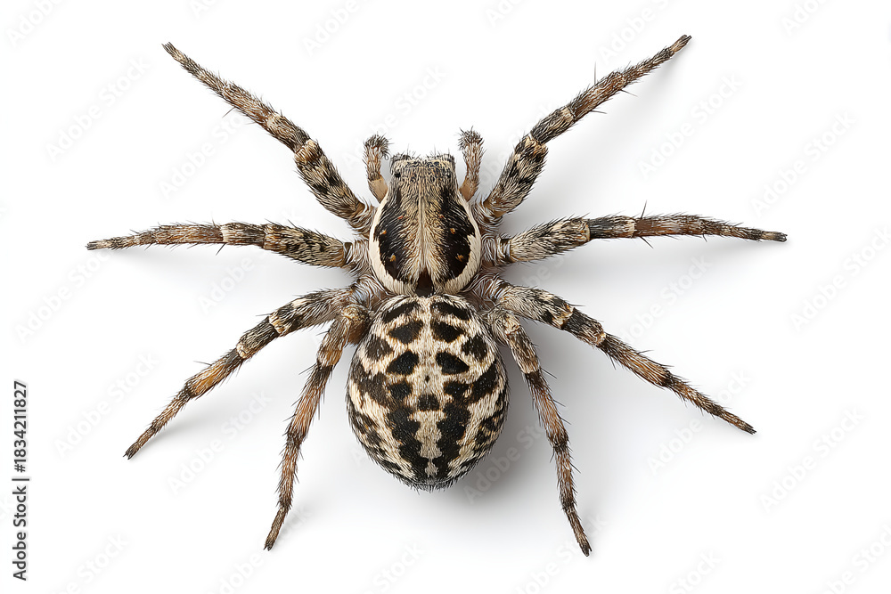 Obraz premium A stunning macro photograph of a wolfspider, a fascinating arachnid predator. This detailed top-down view of the spider is perfectly isolated on a white background.