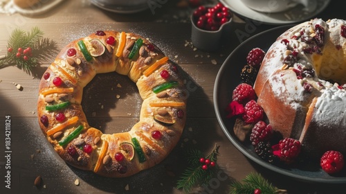 Traditional Roscón de Reyes or Three Kings Cake on  table. Festive braided sweet bread ring decorated with candied fruits and almonds for Epiphany celebration. Top view.