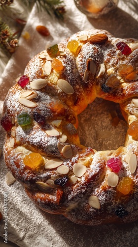 Traditional Roscón de Reyes or Three Kings Cake on  table. Festive braided sweet bread ring decorated with candied fruits and almonds for Epiphany celebration. Top view.