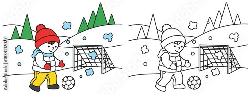 Coloring book page and colored example of happy boy playing soccer in winter snow; cute cartoon kid kicking ball with mountains background; vector illustration for children education