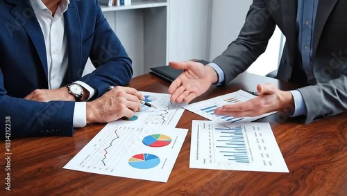 Two Businessmen Analyzing Financial Data Charts in Office Meeting.