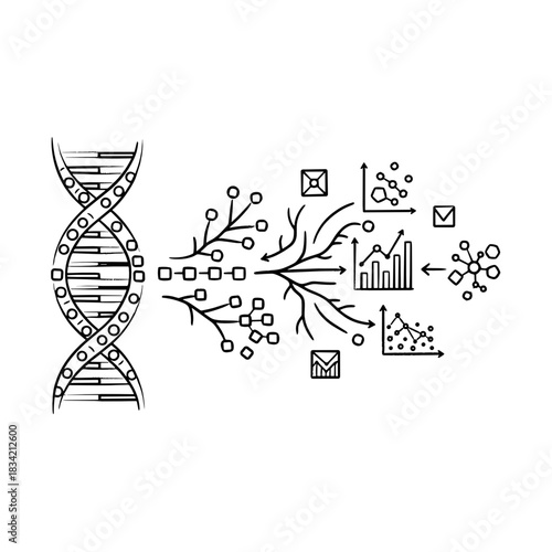 DNA strand unraveling into complex data and abstract medical research  