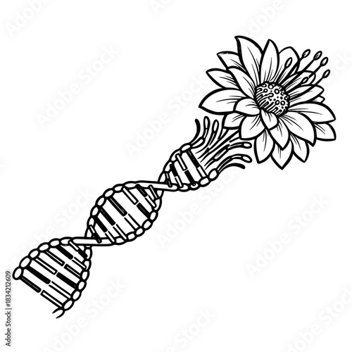 DNA strand transforming into a blooming flower for abstract medical research  