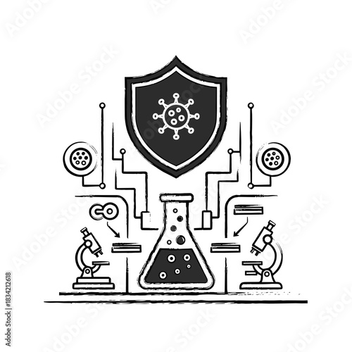 Abstract medical research and DNA analysis with shield and laboratory equipment  