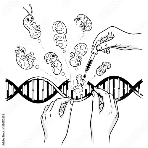 Hands conducting DNA analysis while creating new life forms concept  