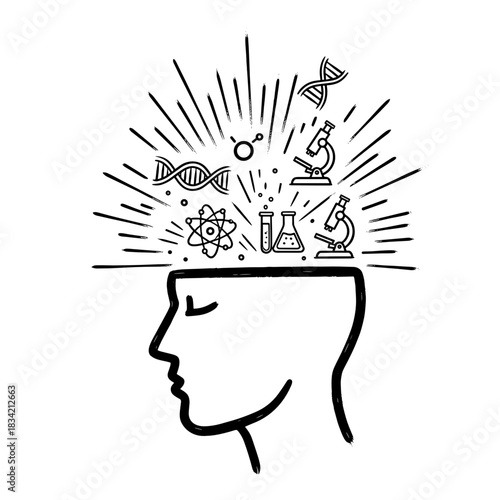 Human head illustration with scientific symbols representing research and analysis  