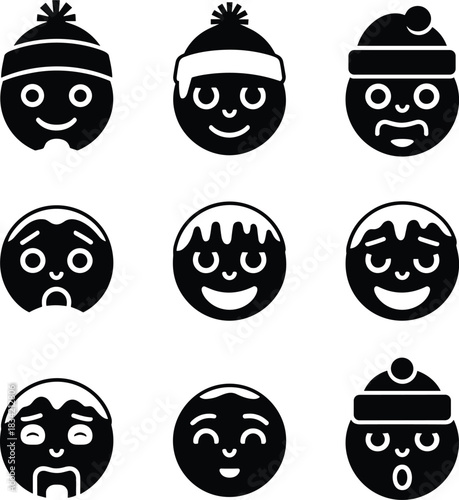 Collection of nine distinct black and white cartoon emoji faces with various expressions and hats