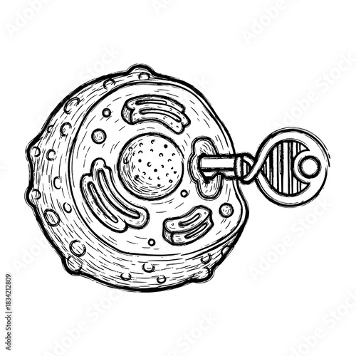 Cell with DNA strand symbolizing abstract medical research and DNA analysis  