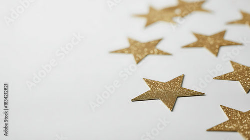 A minimalist composition of sparkling gold star confetti scattered across a clean white backdrop, ideal for celebrating holidays and achievements