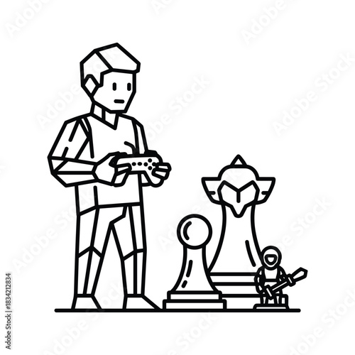 Gamer with Controller and Chess Pieces