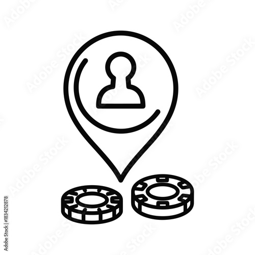 Gambling Player Location Pin with Gaming Chips Line Icon