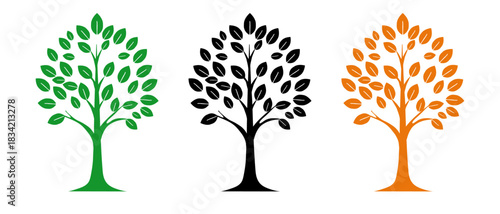 three stylized trees green black orange on white background flat vector