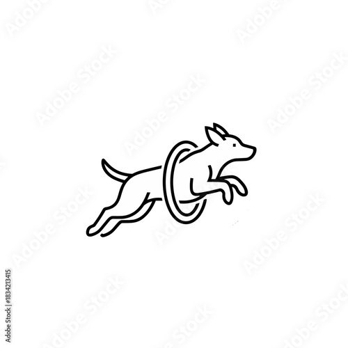 Dog jumping through a hoop icon in a minimalist line art style on a transparent background