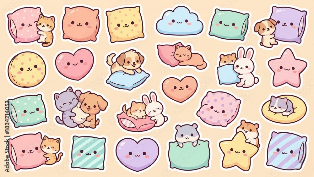 Obraz premium Adorable kawaii cartoon illustrations of cozy pillows, soft hearts, and sweet baby animals, including puppies, kittens, bunnies, and hamsters, for comforting and gentle design