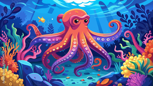 A brightly colored octopus swimming gracefully among vivid coral reefs, set against a calm blue ocean background. Lively marine scene perfect for underwater photography, nature art