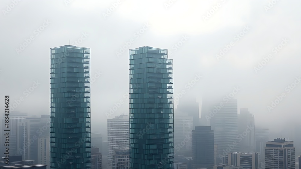 Obraz premium Transparent glass houses stacked like Jenga blocks against Seattle's foggy urban skyline.