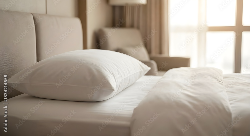 Obraz premium Close-up view of a clean white pillow placed on a neatly arranged bed in a softly lit bedroom. The warm morning light and minimal interior design create a calm, comfortable, and inviting atmosphere.