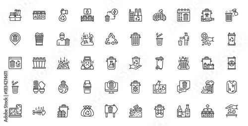 Set of Trash vector. Box, Waste, Recycle, Garbage Truck, No Littering, Holding, Calendar, Trash Collector, Incineration, Man, Clean, Website, Medical, Chemical, Bin, hand, Battery, Radioactive icon.