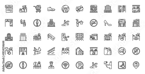 Set of Mall vectors. Receipt, Cosmetic, Shopping Cart, Restaurant, Gift Card, Parking Lots, Escalator Up, Seller , Fitting Room, Security Guard, Only, Food Court, Supermarket, Bags, Elevator icon.