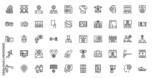 Set of Football Soccer vector. Bet, Locker Room, Podium, Team, News, Jersey, Smartphone, Cheer, Badge, Football, Bench, Amonestation, Goal, Strategy, Scoreboard, Shorts, Video Game, Ticket, Live icon.
