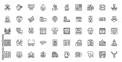 Set of Rock and roll vector. Guitar, Fan Club, Tattoo, Fire, Hand, Webiste, Mixer, Rock, Rose, Woman, Pick, Announce, Live, Location, Boots, Mobile Phone, Ticket, Wing, Drum Set, Chat, Fist icon. 