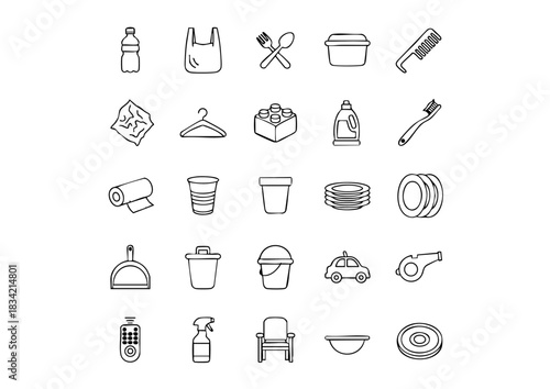 Monochrome Plastic and Synthetic Item Vector Icons, Everyday Plastic Objects Line Art Collection, Minimalist Symbols for Plastic Waste and Goods