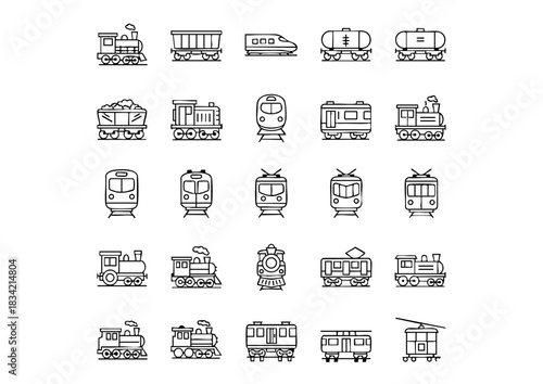 Monochromatic Vector Train Icon Set, 25 Unique Line Art Rail Transport Symbols, Black and White Locomotive and Rail Icons Collection