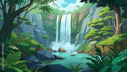 A secluded rainforest waterfall cascading over moss-covered rocks into a clear natural pool, surrounded by dense green foliage and soft mist. Peaceful tropical landscape ideal for nature and travel 