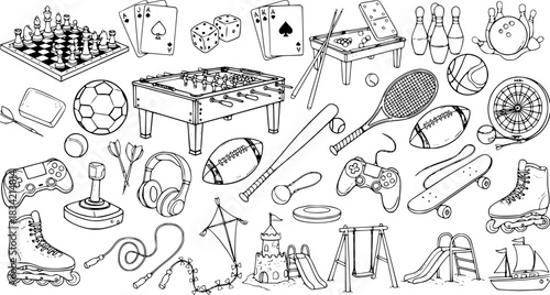 Hand-Drawn Doodle Collection: Sports, Games, and Recreation Activities. Outline Illustrations of Leisure Hobbies, Gaming Gear, and Playground Equipment.