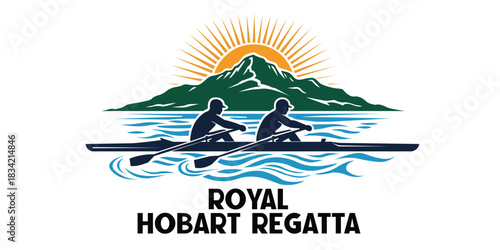 Royal Hobart Regatta Event Banner with Rowing Athletes and Mountain Landscape