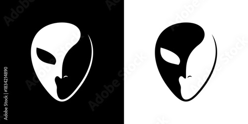 Minimalist Alien Head with Hidden Human Face Profile in Negative Space Black and White Graphic Design
