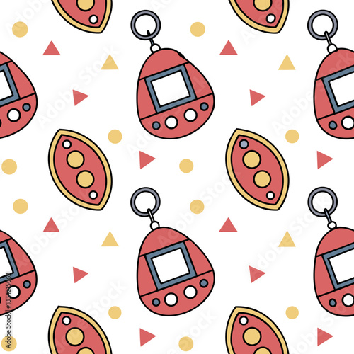 Seamless Pattern of Retro Digital Pets and Floppy Disks: Memphis Style 90s Nostalgia Vector Background