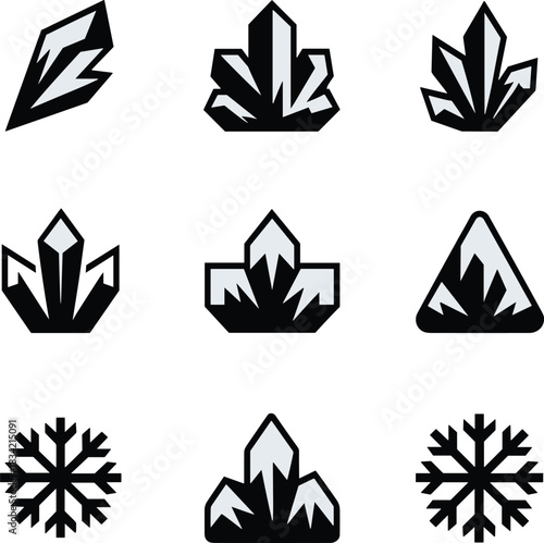 Collection of stylized black and white crystal and snowflake icons with sharp geometric facets