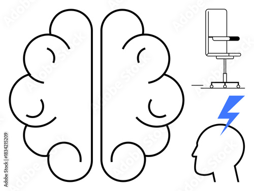 Creativity, innovation, productivity, brainstorming, mental energy, office work. Simplified brain with office chair and head with lightning bolt. Creativity and innovation through unique icons