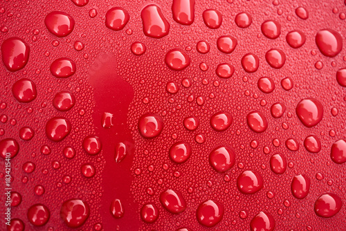Bright red surface adorned with water droplets, showcasing natures beauty in simple yet captivating detail