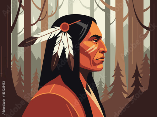 Native American man profile illustration traditional feathers, face paint, stylized forest backdrop. Embodying indigenous heritage and nature