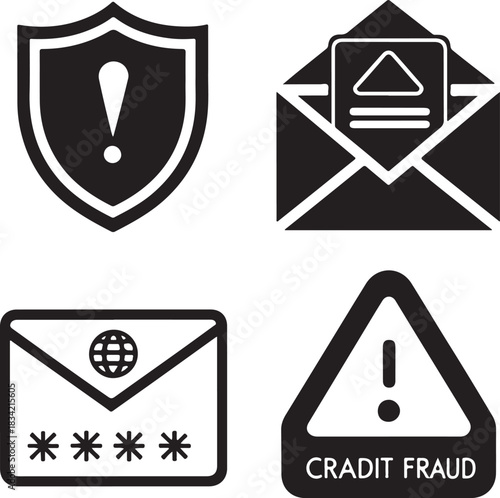Bold black scam alert icon set featuring exclamation shield, phishing email envelope, warning triangle, credit card fraud symbol on clean white background