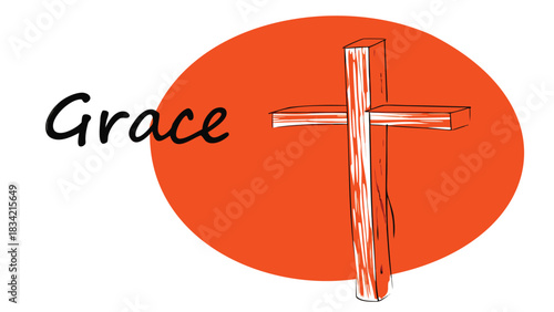 Hand drawn christian cross with the word grace written in black script on a vibrant orange circle background