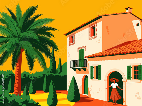 Stylish woman in a summer dress standing in the doorway of a sunlit Mediterranean villa with a lush garden and palm tree