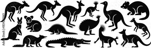 Australian Animal Silhouette Icon Set Featuring Kangaroos, Koalas, Emus, Crocodiles, and Native Wildlife in Vector Style