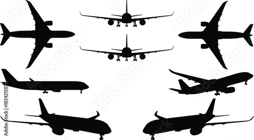 Airplane silhouette set, black vector views, top front side rear, aircraft icon pack, aviation design sketch, commercial plane illustration, flight profile graphic