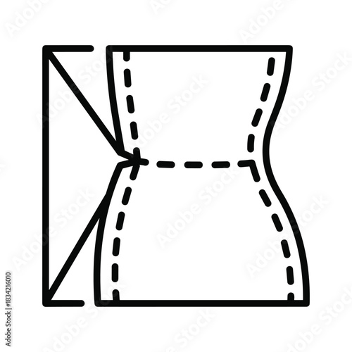 Minimalist vector icon of a sewing pattern, illustrating garment shaping with a waist dart for tailoring and dressmaking.