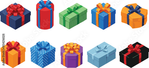 Colorful gift box set, festive packaging icons, ribbon wrapped presents, celebration design elements, holiday surprise graphics, vibrant wrapping styles, decorative gift illustration