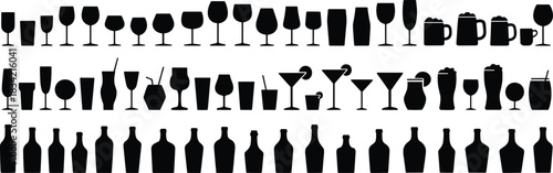 Drinkware and Bottle Silhouette Icon Set Featuring Wine Glasses, Cocktails, Tumblers, Beer Mugs, and Liquor Bottles in Vector Style