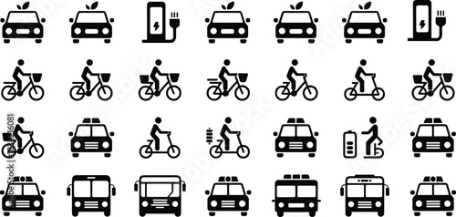 Eco-Friendly Transportation Icon Set Featuring Electric Cars, Bicycles, Scooters, Charging Stations, and Public Transit in Silhouette Style