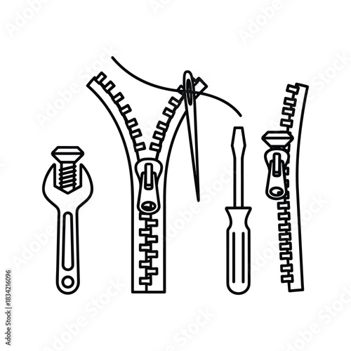 Line art illustration of repair and mending concepts, showing a zipper, needle, wrench, and screwdriver.