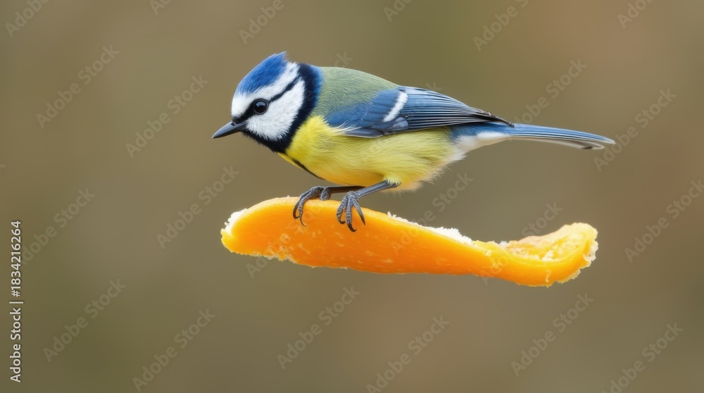 Obraz premium Blue tit approaches a simple diy orange peel feeder 